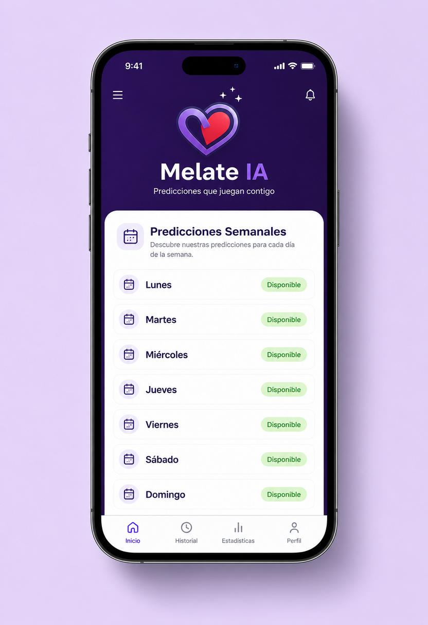 Plataforma Melate IA mostrando predicciones semanales